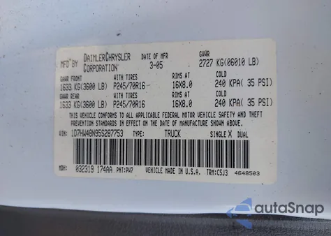 2005 Dodge Dakota Slt from USA, damaged, VIN 1D7HW48N95S287753
